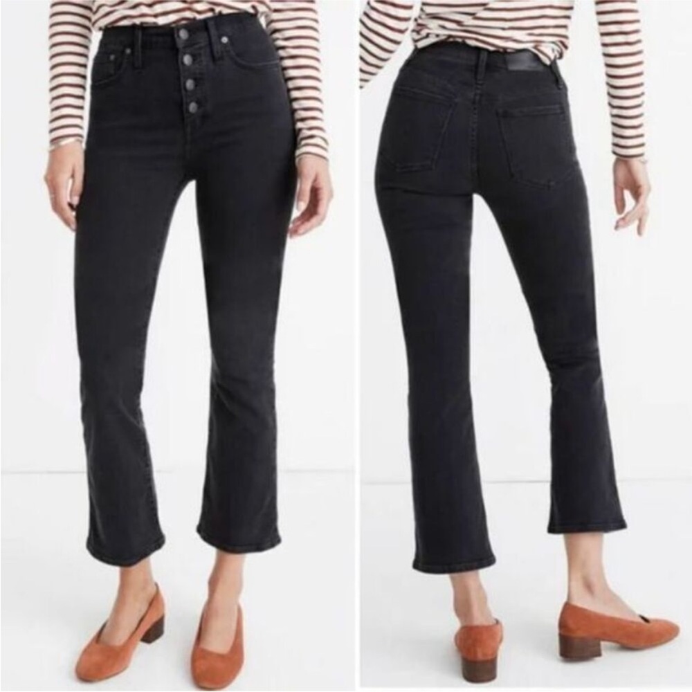 J. Crew 9” Billie Demi Boot Crop Black Denim Jeans Raw Hem Button Fly Size 29
